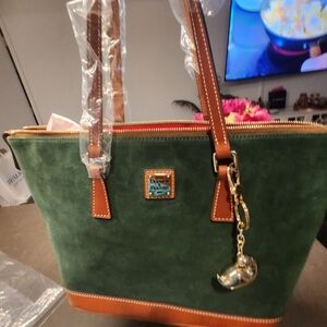 Dooney & Bourke Green Suede Tote with Brown Leather Trim